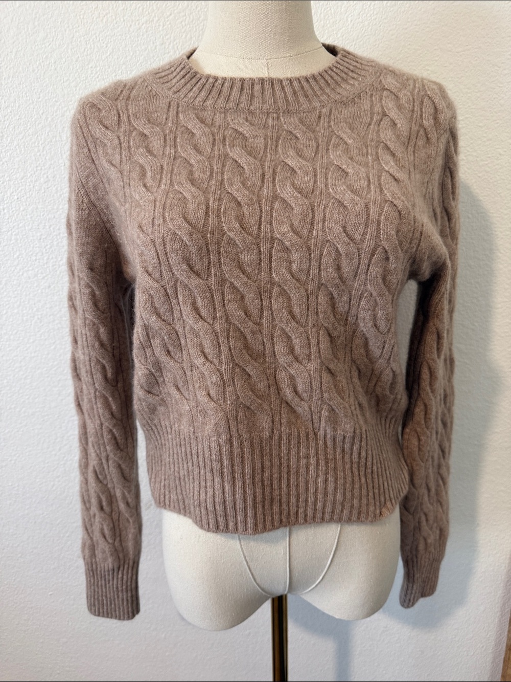Quince Taupe Cable Knit Crewneck Sweater